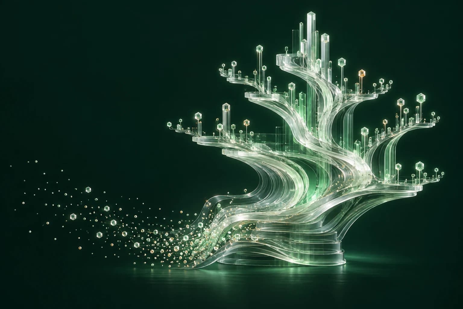A branching glass structure turning scattered data points into an ordered knowledge network