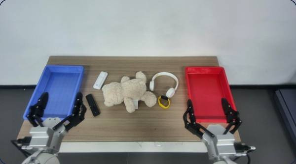 Robot grippers sorting items between blue and red trays